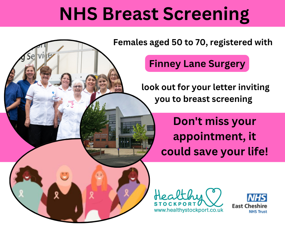 “NHS breast screening poster reminding people aged 50 to 70 at Finney Lane Surgery to attend their screening appointment.”