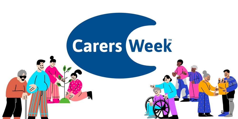 Illustrated “Carers Week” banner with the text inside a blue speech-bubble shape. Diverse cartoon-style people are shown on both sides, including individuals supporting others, a wheelchair user, and people interacting and helping each other, representing community care and support.